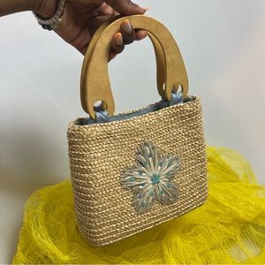 Blue Floral Wooden Wicker Bag